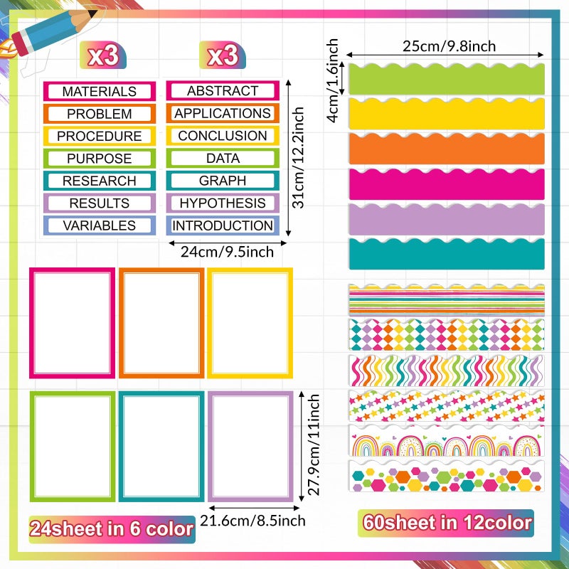Fuyoooo 90 Pcs Science Fair Board Supplies 60 Trim Scalloped Bulletin Board Borders 24 Presentation Board Subtitles 6 Science Fair Titles for Classroom Display Boards(Colorful) - Image 2