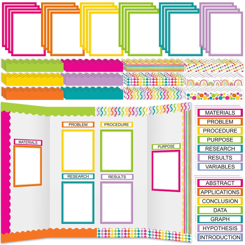 Fuyoooo 90 Pcs Science Fair Board Supplies 60 Trim Scalloped Bulletin Board Borders 24 Presentation Board Subtitles 6 Science Fair Titles for Classroom Display Boards(Colorful) - Image 1