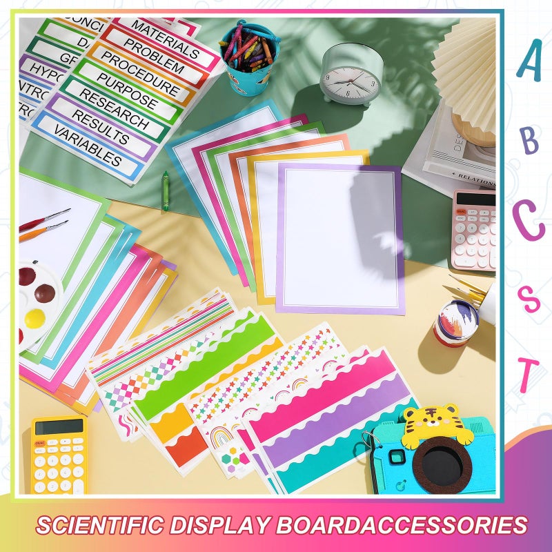 Fuyoooo 90 Pcs Science Fair Board Supplies 60 Trim Scalloped Bulletin Board Borders 24 Presentation Board Subtitles 6 Science Fair Titles for Classroom Display Boards(Colorful) - Image 4