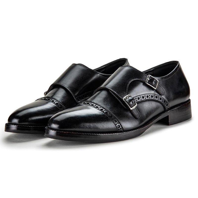 Lethato Handcrafted Mens Captoe Double Monk Strap Genuine Leather Modern Classic Dress Shoes Black