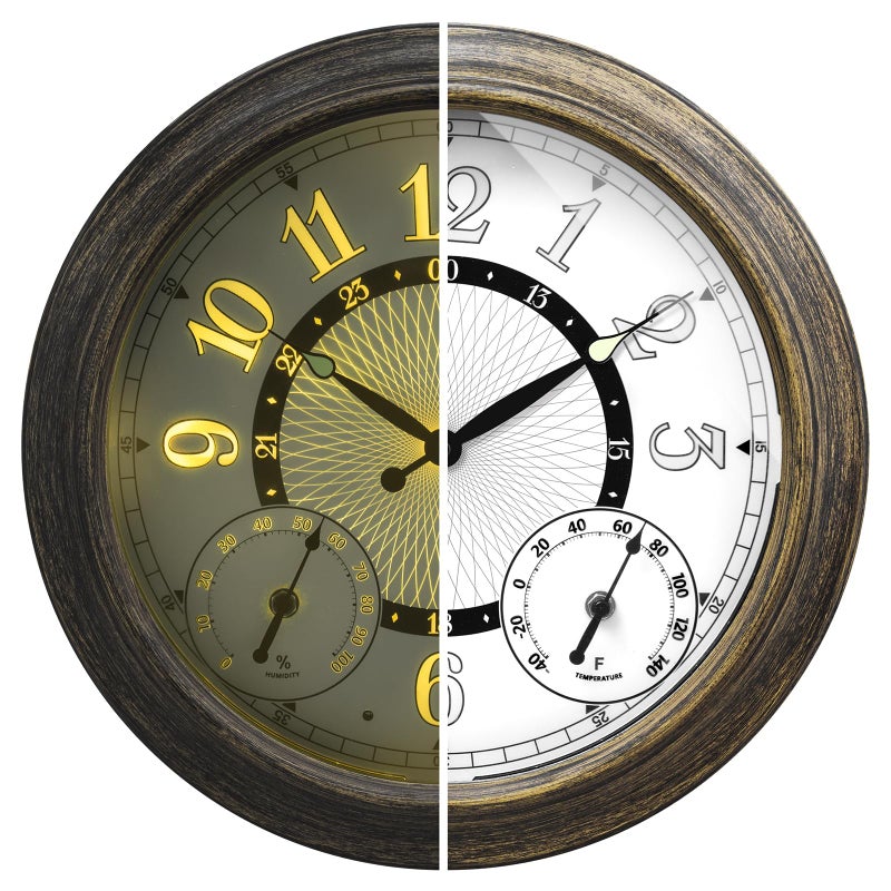 Pytha Sight Illuminated Large Metal Outdoor Clocks Waterproof 15 Inches with AI Auto Light Smart Sensor,Large Indoor Outdoor Wall Clocks with Thermometer & Hygrometer for Patio, Pool, Garden,Porch - Image 1