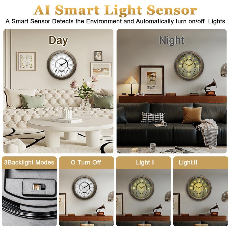 Pytha Sight Illuminated Large Metal Outdoor Clocks Waterproof 15 Inches with AI Auto Light Smart Sensor,Large Indoor Outdoor Wall Clocks with Thermometer & Hygrometer for Patio, Pool, Garden,Porch - Image 4