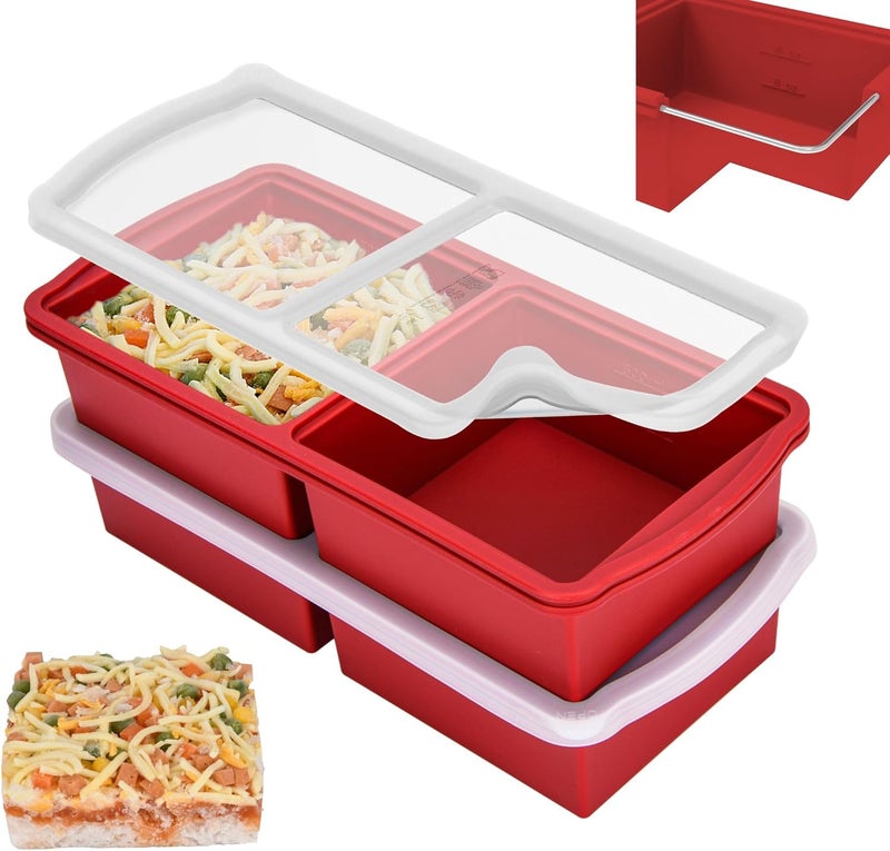 ZIP STANDING Silicone Freezer Trays with Lid,2-cup Soup Freezer Container large Ice Cube Molds with Reinforced Steel Ring Top for freezing Soup Sauce Broth Leftovers oven Dishwasher -Safe (red) - Image 1