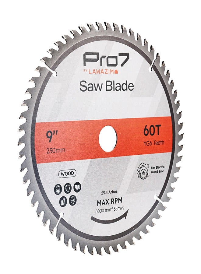 LAWAZIM Pro7 Circular Wood Saw Blade - 9inch, 60T - Tungsten Carbide-Tipped Wood Cutting Blade with Hardened Steel Body, 25.4mm Arbor, 6,000 RPM - for Hardwood, Softwood, Plywood, and DIY Woodworking - Image 2