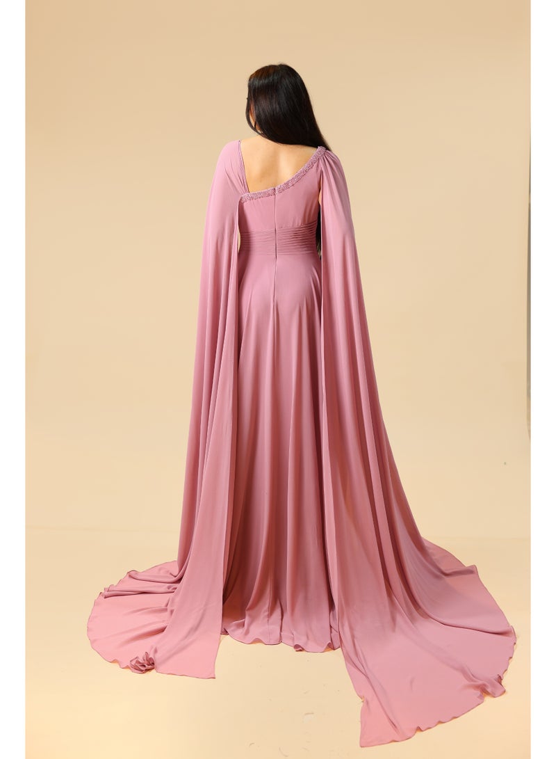 FAIZ COUTURE Elegant Pink One-Shoulder Cape Evening Gown - Image 3