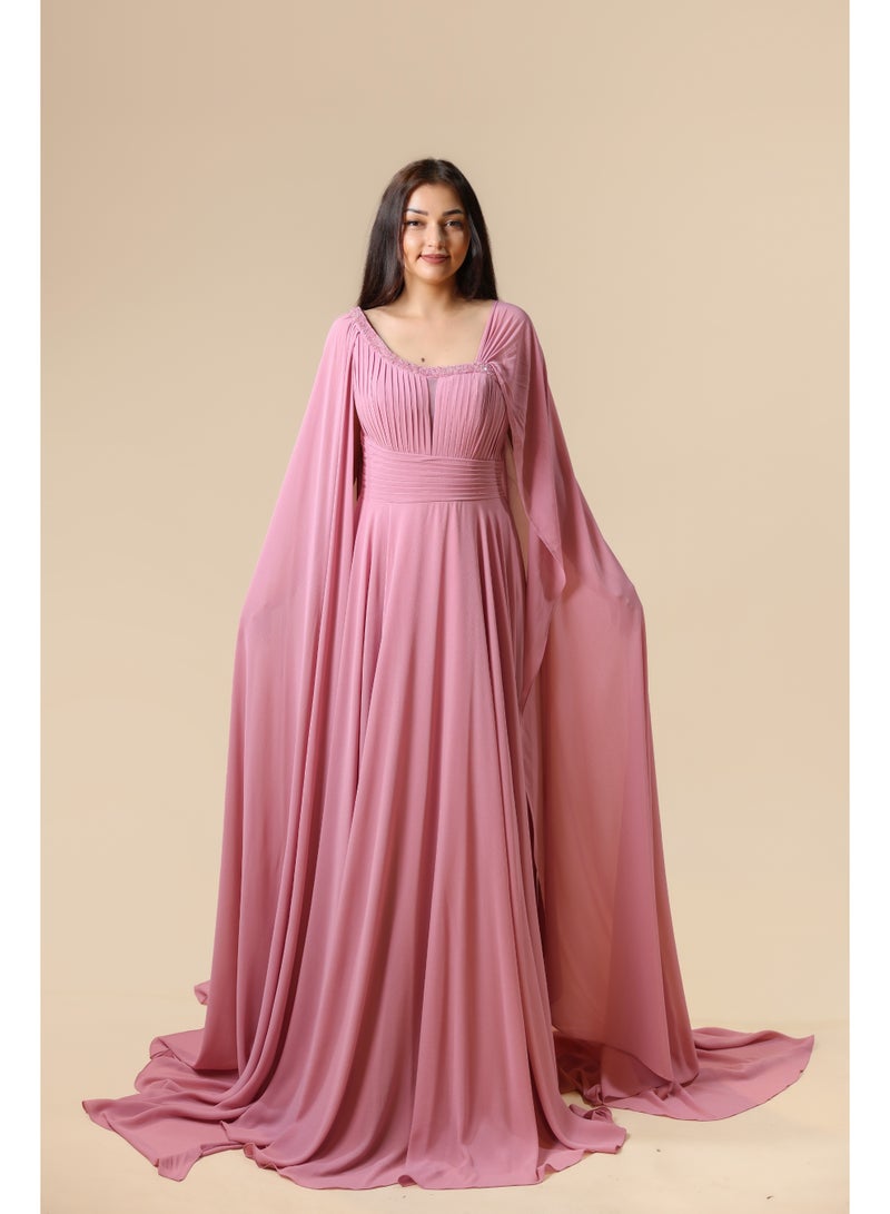 FAIZ COUTURE Elegant Pink One-Shoulder Cape Evening Gown - Image 1