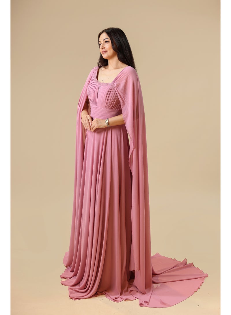 FAIZ COUTURE Elegant Pink One-Shoulder Cape Evening Gown - Image 2
