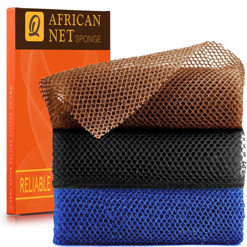 UJFQBH 3 Pieces African Bath Sponge African Net Long Net Bath Sponge Exfoliating Shower Body Scrubber Back Scrubber Skin Smoother,Great for Daily Use (Blackã€Blueã€Brown) - Image 1