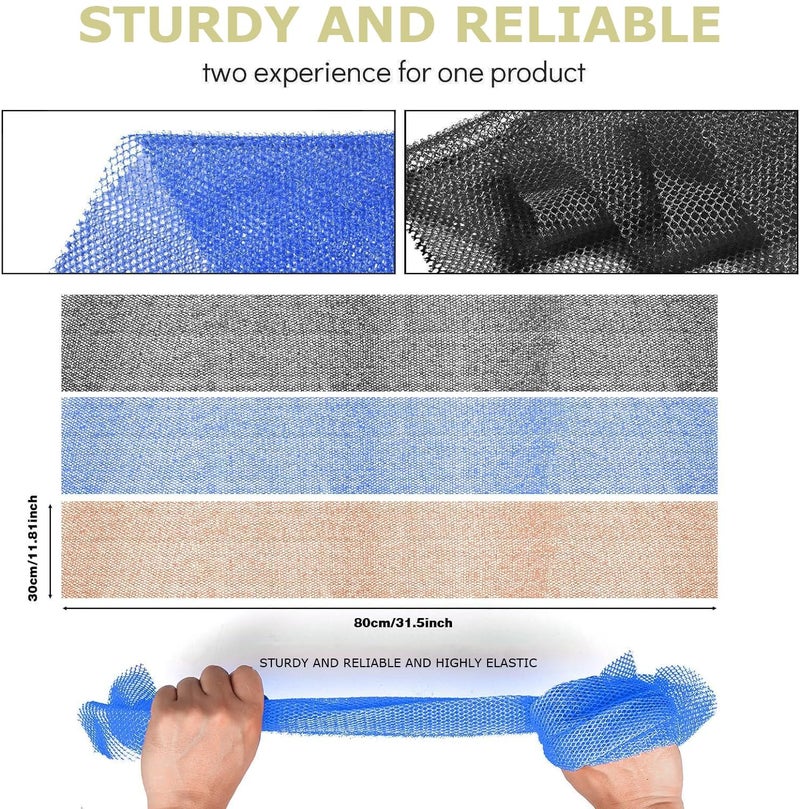 UJFQBH 3 Pieces African Bath Sponge African Net Long Net Bath Sponge Exfoliating Shower Body Scrubber Back Scrubber Skin Smoother,Great for Daily Use (Blackã€Blueã€Brown) - Image 3