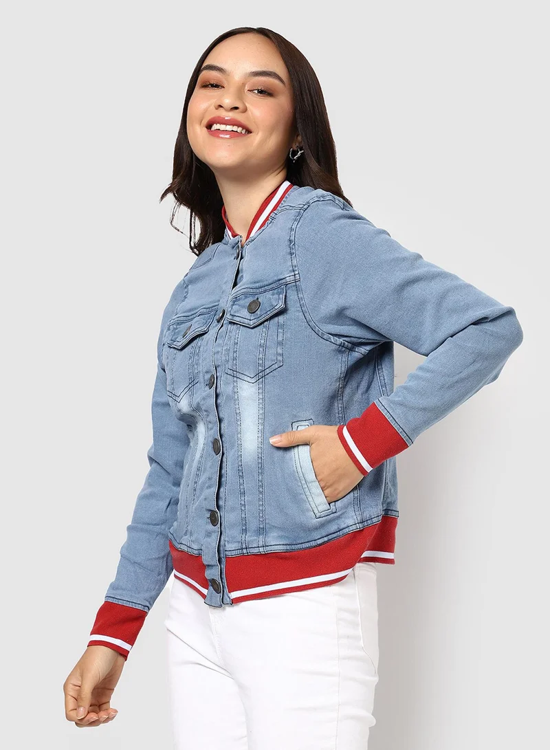 كامبوس سوترا جاكيت نسائي بياقة بيسبول مخططة وأكمام مضلعة بأزرار وحافة مستقيمة، مقاس عادي للاستخدام اليومي والشارع، أزرق فاتح