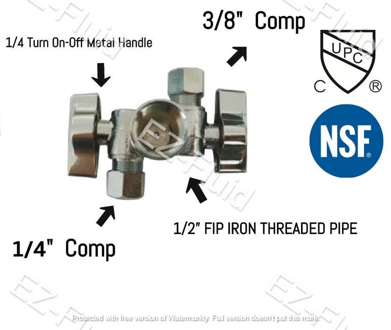 EZ-Fluid 1/2" FIP Female Iron Pipe X 1/4"Comp X 3/8"Comp 1/4 Turn Double Handles Dual Outlet LF Brass Angle Stop Valve Water Shut Off Ball Valve For Water Pipes,Faucet,Toilet Valve,Icemaker,Filter(1) - Image 2