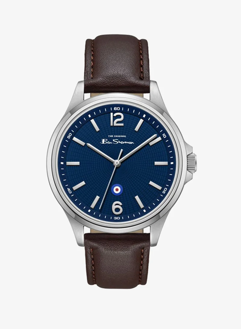 بين شيرمان Westminster Blue Dial Brown Genuine Leather Strap Analog Watch for Men, 43mm