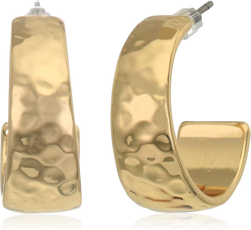 NINE WEST Women's Polished Gold Tone Hammered Hoop Earrings - Image 1