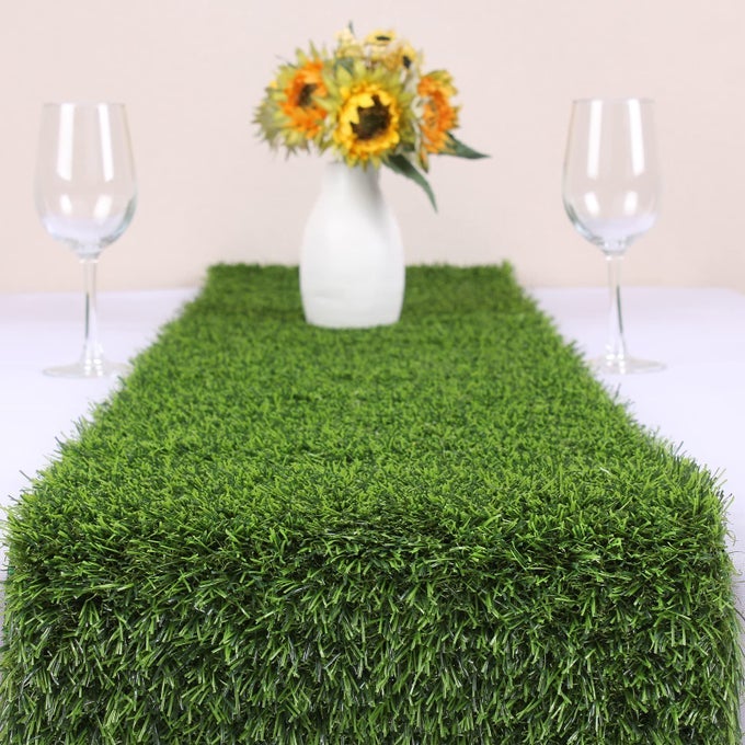 12 X 144 GRASS TABLE RUNNERS GREEN SYNTHETIC GRASS TABLE RUNNER DURABLE THICKLY FIREPROOF ARTIFICIAL GRASS TABLE RUNNER TABLETOP DECORATION FOR WEDDING BABY SHOWER OUTDOOR PICNIC PARTY DECOR