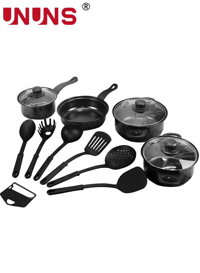 UNUNS 13 Pieces Cookware Aluminum  Set Pots and Pans Set PFAS-Free Dishwasher Safe Nonstick Kitchenware Set with Frying Pan Saucepan Saute Pan Cooking Utensils with Kitchen Tools Black - Image 1