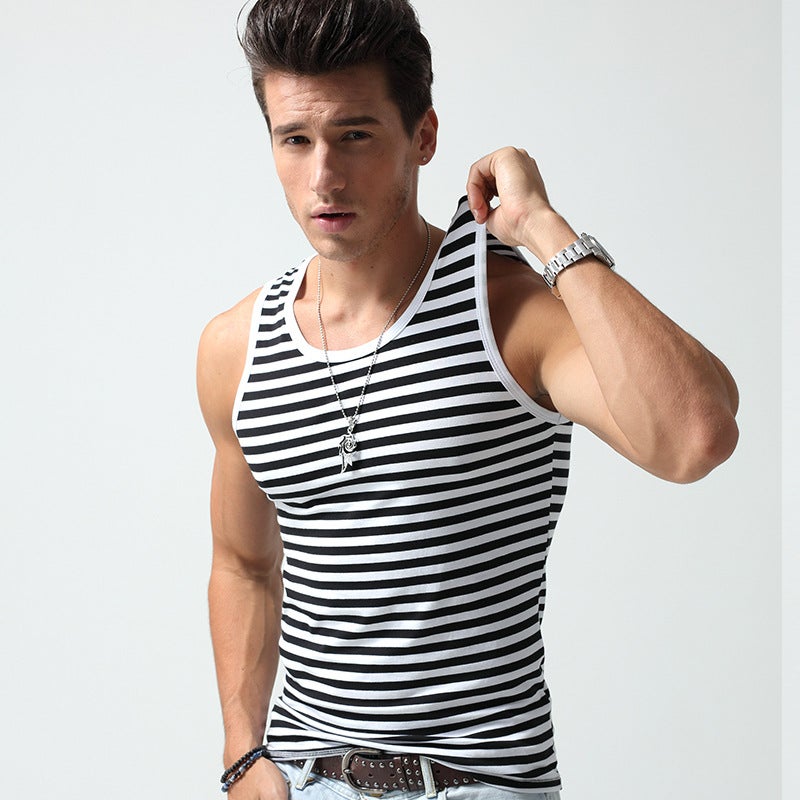 Selling Personalized Striped Vest For Men, Elastic Tight-Fitting Sports Sweat-Absorbent Outer Wear, Summer Trendy Cheap Price - Image 3