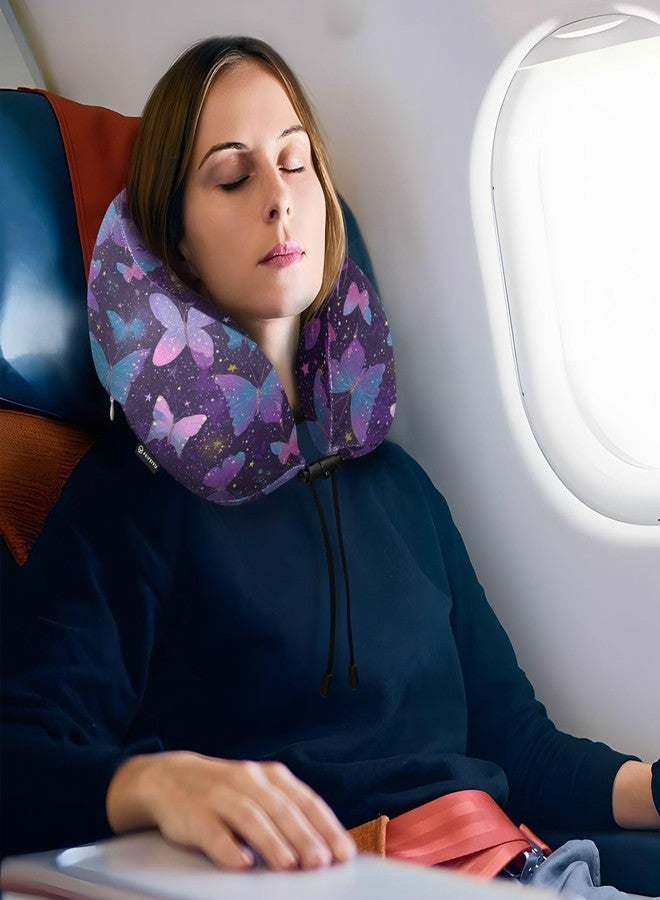 Wusikd Travel Pillow Colored Butterflies Memory Foam Purple Neck Pillow for Traveling Sleep, Long Flight Rest, Office Break, Airplane Car Head Shoulder Back Support - Image 5