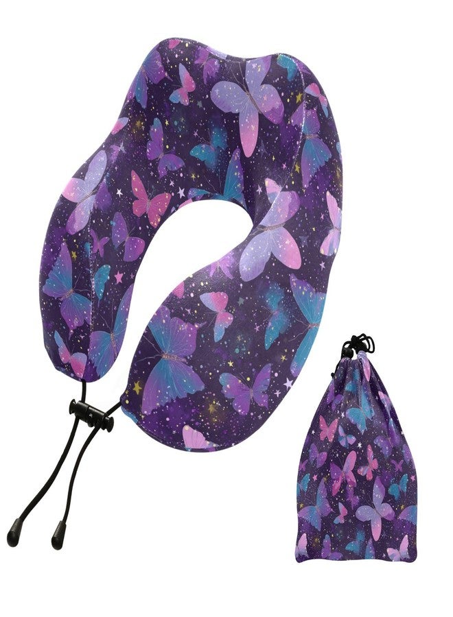 Wusikd Travel Pillow Colored Butterflies Memory Foam Purple Neck Pillow for Traveling Sleep, Long Flight Rest, Office Break, Airplane Car Head Shoulder Back Support - Image 1