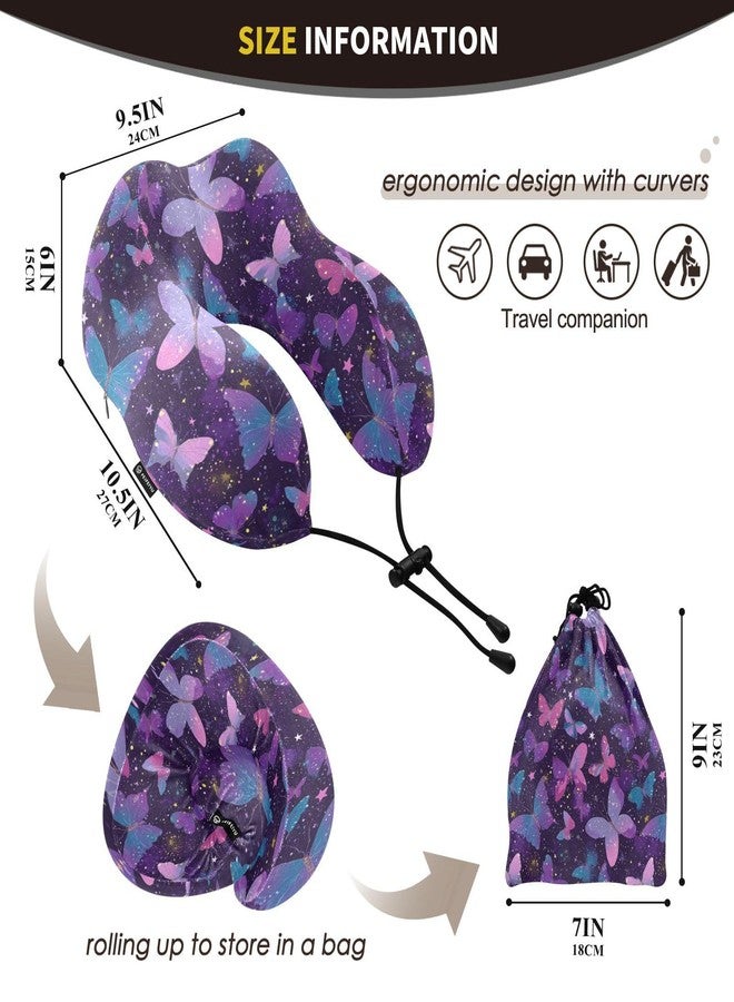 Wusikd Travel Pillow Colored Butterflies Memory Foam Purple Neck Pillow for Traveling Sleep, Long Flight Rest, Office Break, Airplane Car Head Shoulder Back Support - Image 2