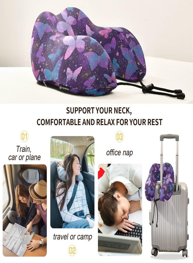 Wusikd Travel Pillow Colored Butterflies Memory Foam Purple Neck Pillow for Traveling Sleep, Long Flight Rest, Office Break, Airplane Car Head Shoulder Back Support - Image 3