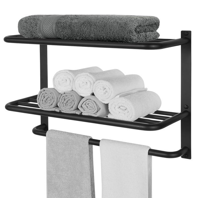 TOWEL RACK FOR BATHROOM 23 INCH TOWER HOLDER WITH TOWER BARS SUS 304 STAINLESS STEEL LAVATORY BATH TOWEL SHELF TOWEL HANGER WALL MOUNT 3TIER MATTE BLACK