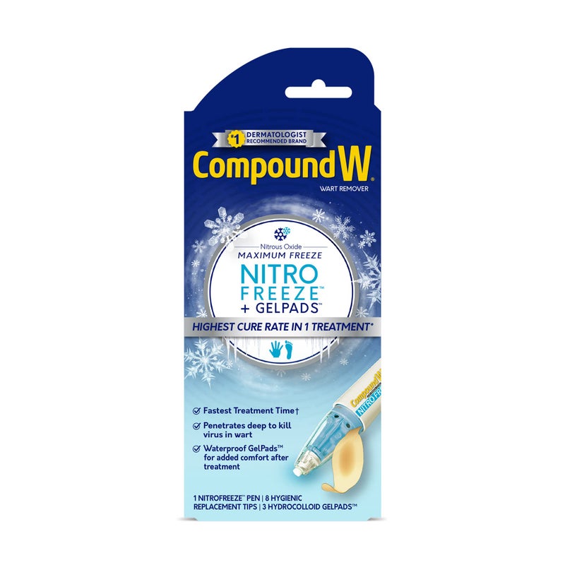 Compound W Nitro Freeze + GelPads Wart Remover with Nitrous Oxide, 1 Wart Removal Pen with 8 Replacement Tips & 3 Waterproof Hydrocolloid Bandages - Image 1