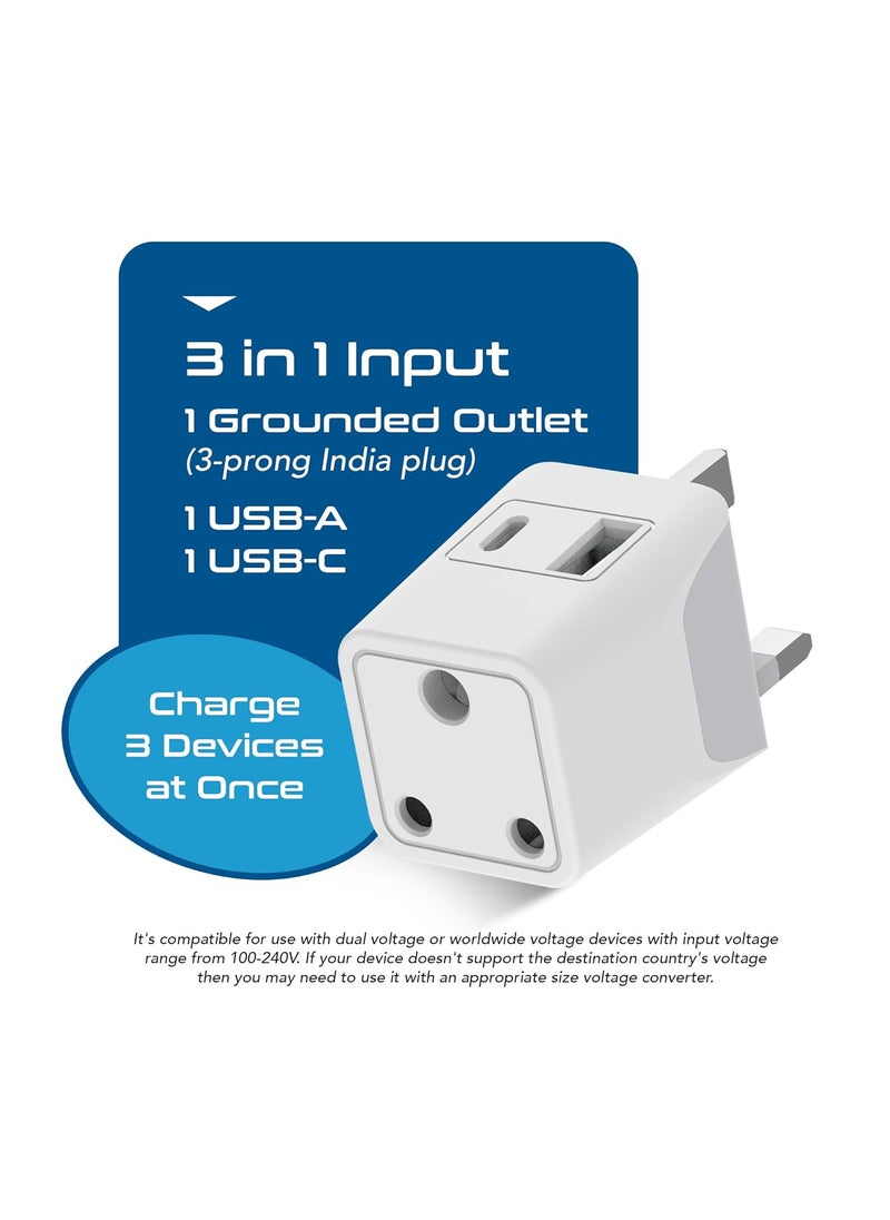 Ceptics Ceptics Travel Adapter India to UK Adapter 3 in 1 Plug Adapter with 1 USB 1 USBC Singapore Travel Adapter G Type Plug Socket UK Adapter for Indian Pins for Laptops Phones CERoHS White 1pc  - Image 2