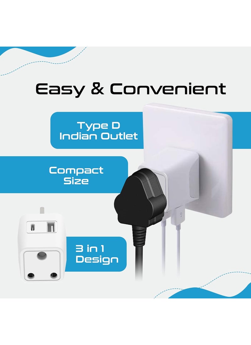 Ceptics Ceptics Travel Adapter India to UK Adapter 3 in 1 Plug Adapter with 1 USB 1 USBC Singapore Travel Adapter G Type Plug Socket UK Adapter for Indian Pins for Laptops Phones CERoHS White 1pc  - Image 4