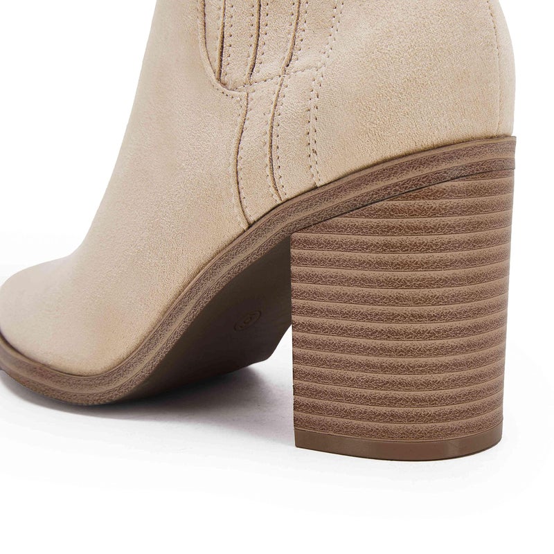 Coutgo Womens Slip on Booties Chunky Stacked Mid Heel Leather Pointed Toe Elastic Side Fashion Western Ankle Boots - Image 2