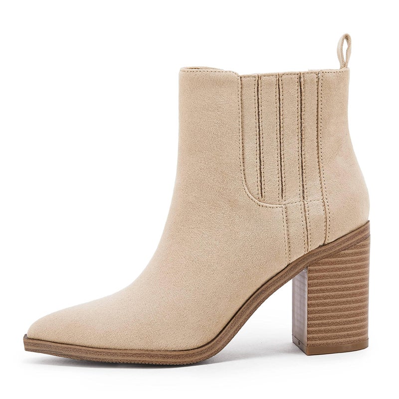 Coutgo Womens Slip on Booties Chunky Stacked Mid Heel Leather Pointed Toe Elastic Side Fashion Western Ankle Boots - Image 3