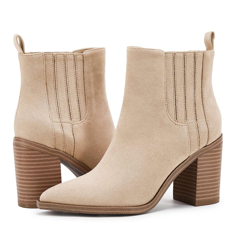 Coutgo Womens Slip on Booties Chunky Stacked Mid Heel Leather Pointed Toe Elastic Side Fashion Western Ankle Boots - Image 5