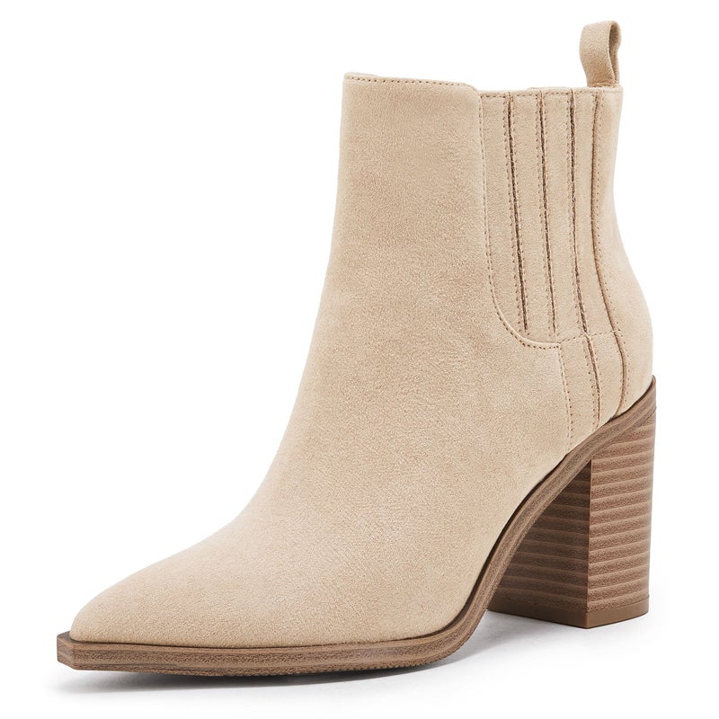 Coutgo Womens Slip on Booties Chunky Stacked Mid Heel Leather Pointed Toe Elastic Side Fashion Western Ankle Boots - Image 1