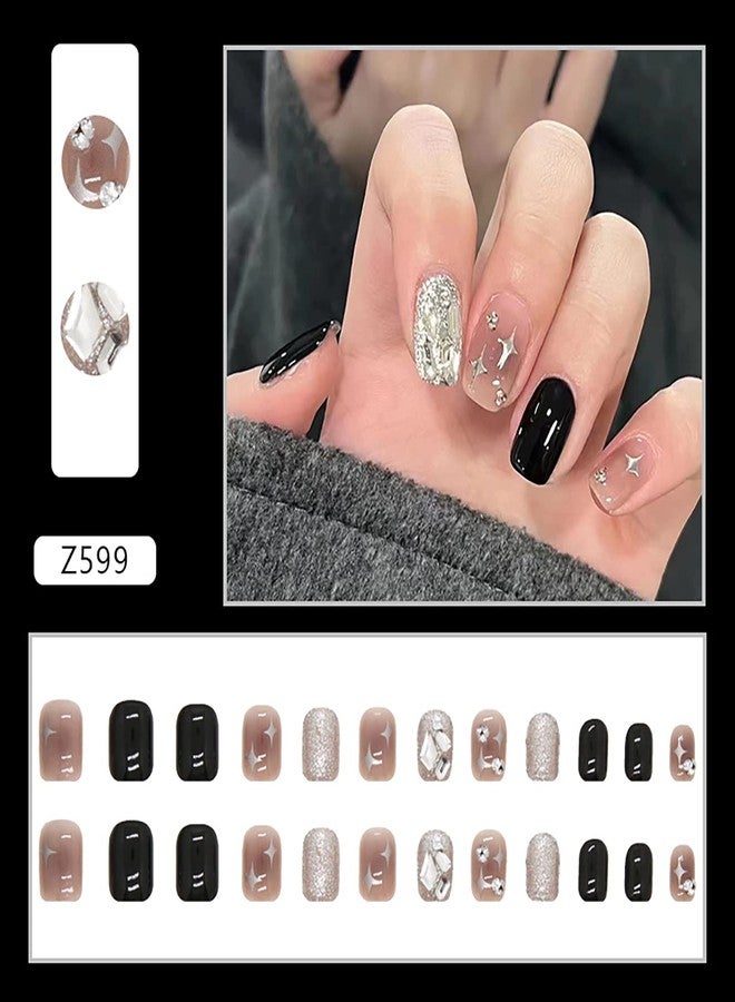 Vezocim Press on Nails Short Square Length, 24Pcs Coffin Full Cover Reusable False Nails with Adhesive Tabs, Glue on Nails with Rhinestone Designs, Artificial Fingernails Acrylic Glitter Fake Nails for Women - Image 2