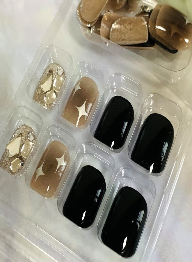 Vezocim Press on Nails Short Square Length, 24Pcs Coffin Full Cover Reusable False Nails with Adhesive Tabs, Glue on Nails with Rhinestone Designs, Artificial Fingernails Acrylic Glitter Fake Nails for Women - Image 5