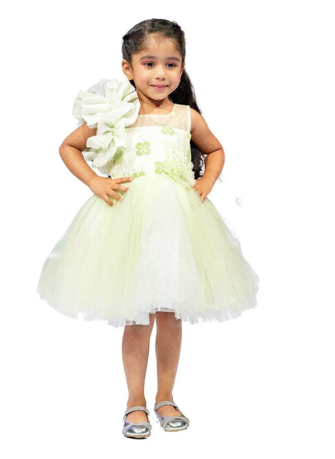 babyqlo Elegant Lime Blossom Delicate Green Tulle Dress with Floral Accents