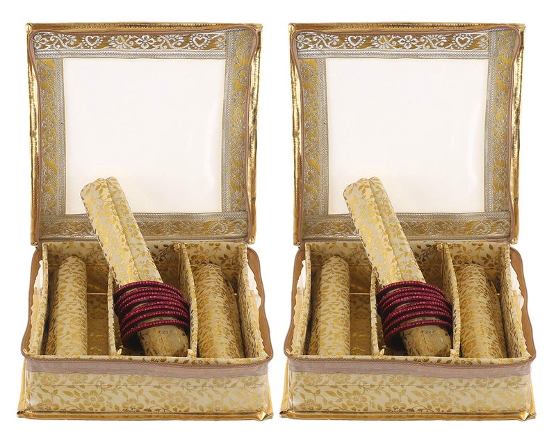 Kuber Industries Brocade Hardboard 2 Pieces Three Rod Bangle Box (Gold)-CTKTC21167 - Image 1