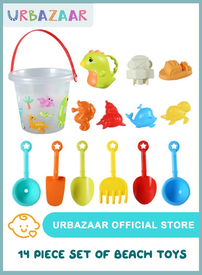 URbazaar Beach Sand Toy Set, with Mesh Bag, Transparent Sand Bucket, Model Toys, Shovel, Rake, Outdoor Beach Toy Kit for Kids, Toddlers, Boys and Girls (14 Pieces) - Image 1