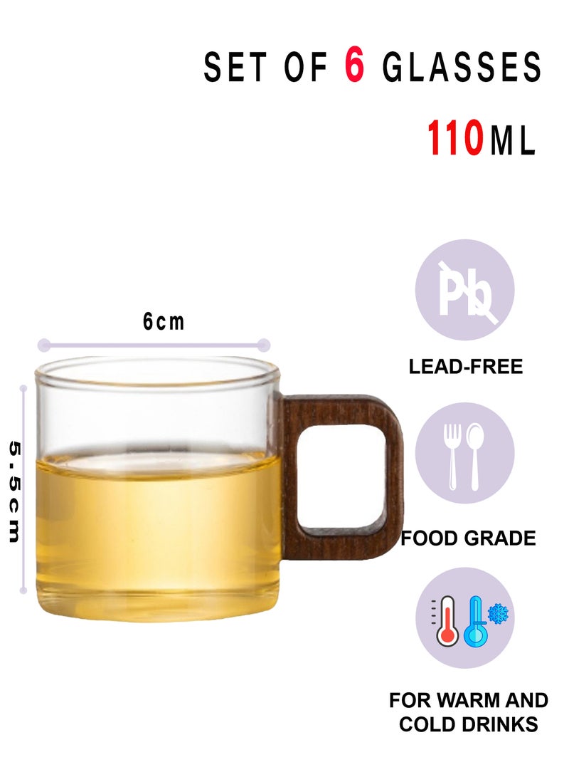 6 - Pack Transparent 110Ml High Borosilicate Glass Coffee Cups With Wooden Handles – Round Design For Coffee & Tea Enthusiasts - Image 2