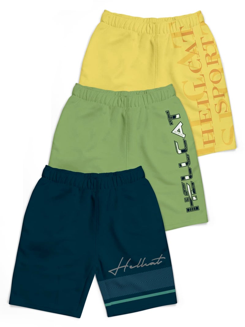 HELLCAT Pack of 3 Trendy Typographic Printed Mid Rise Shorts for Boys - Petrol Blue/Jade Green/Yellow / 15-16 Years - Image 1