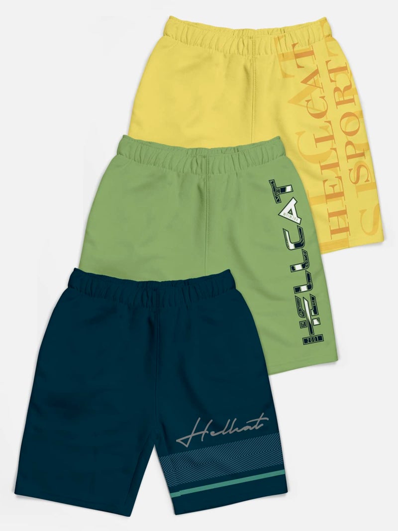 HELLCAT Pack of 3 Trendy Typographic Printed Mid Rise Shorts for Boys - Petrol Blue/Jade Green/Yellow / 15-16 Years - Image 2