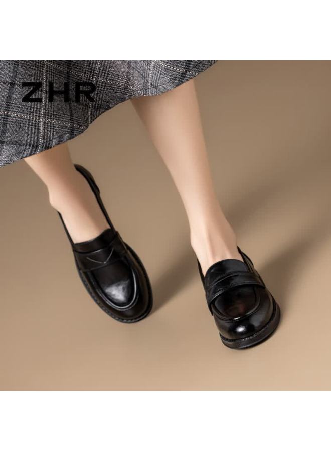 Zhr Women's Single Shoes, New Academic Style Leather Shoes, Women's Uniform Thick Heel Loafers, Slip-on Women's Shoes Jf150, Black, Size 38 - Image 4
