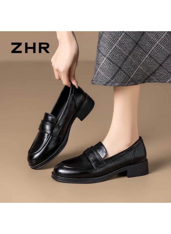 Zhr Women's Single Shoes, New Academic Style Leather Shoes, Women's Uniform Thick Heel Loafers, Slip-on Women's Shoes Jf150, Black, Size 38 - Image 1