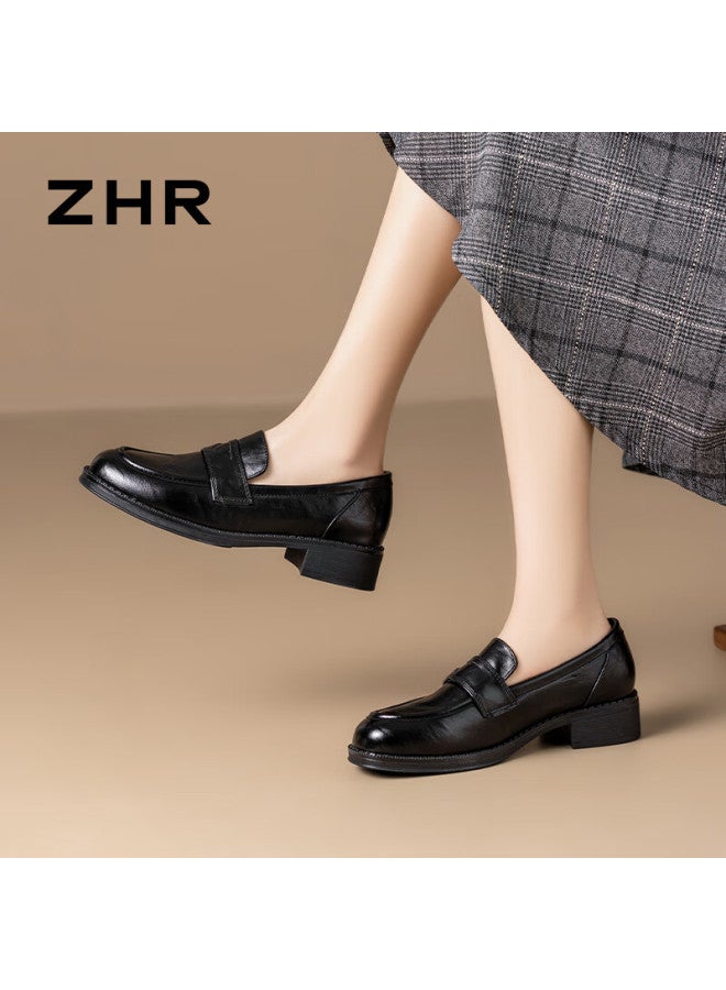 Zhr Women's Single Shoes, New Academic Style Leather Shoes, Women's Uniform Thick Heel Loafers, Slip-on Women's Shoes Jf150, Black, Size 38 - Image 2