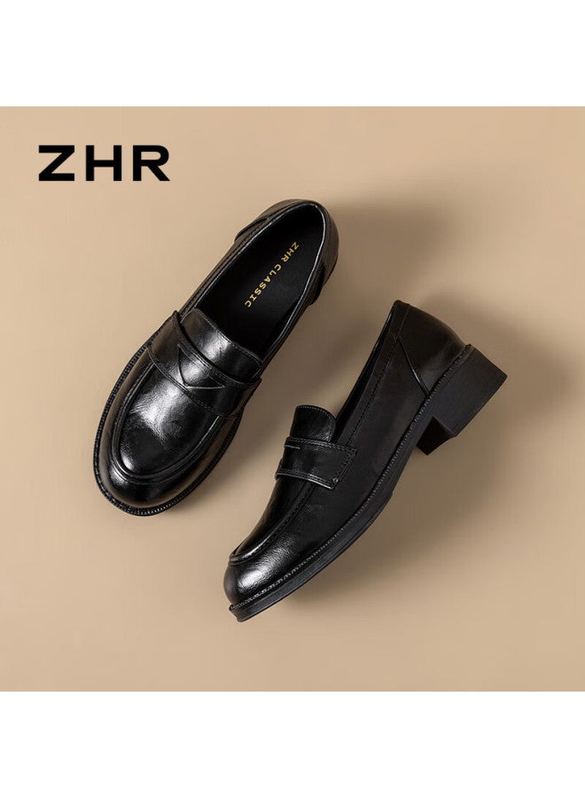 Zhr Women's Single Shoes, New Academic Style Leather Shoes, Women's Uniform Thick Heel Loafers, Slip-on Women's Shoes Jf150, Black, Size 38 - Image 5