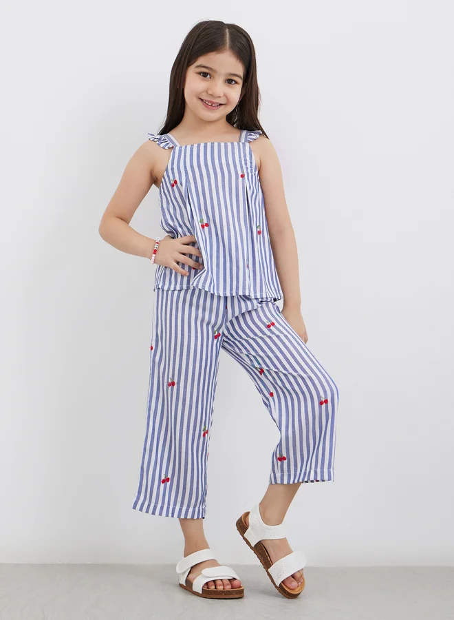 ستايلي Styli Striped Ruffled Top and Culottes Set