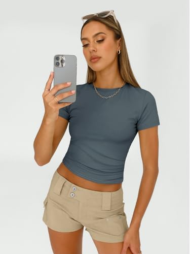 AUTOMET Womens 3 Piece Short Sleeve Shirts Basic Going Out Slim Fitted Crop Tops 2025 Summer Y2k Clothes Black,White,Haze Blue L - Image 3
