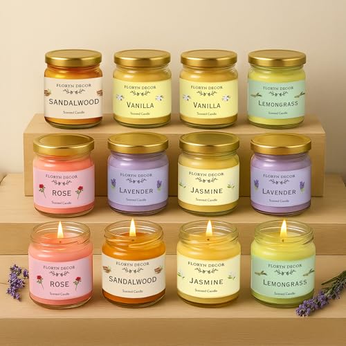 Floryn Decor Jar Scented Candles Gift Set | Scented Candle Set of 12 | Highly Fragranced Candles Pack of 12 Mini Jars (Pack of 12, Paraffin Wax) - Image 1