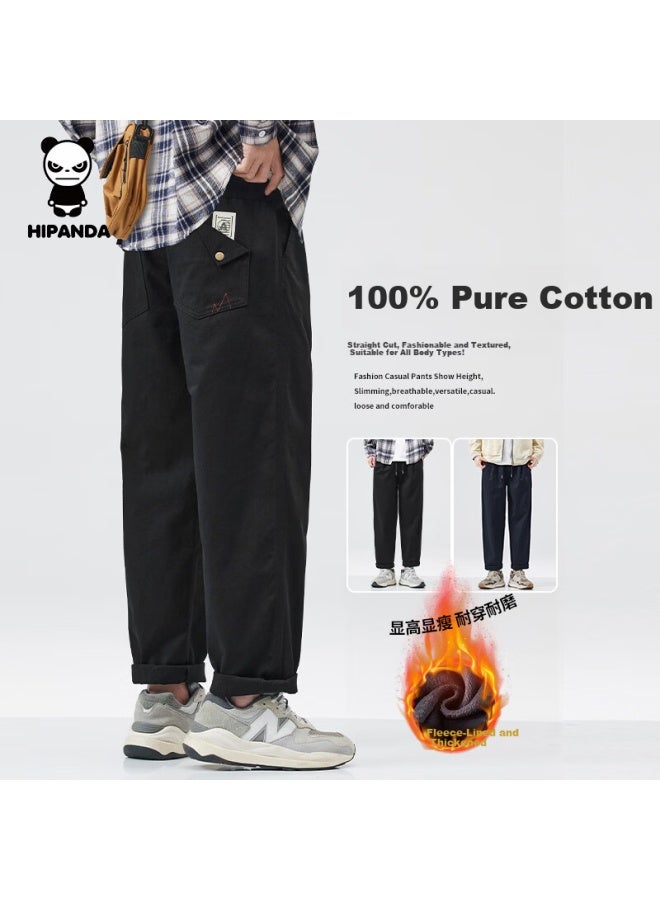 Hipanda Men's Casual Pants Winter Fleece-lined Cotton Straight Loose Fit Warm Workwear Trousers Black Fleece-lined M
