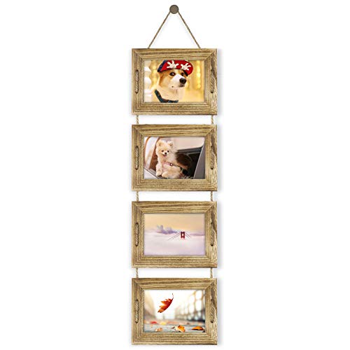 DLQuarts 5x7 Hanging Picture Frames Collage Wall Decor, 4-Opening 5x7 Matted to 3.5x5 Photo Rustic Wood Frame with Hemp Rope, 1 Pack, Carbonized Brown - Image 1
