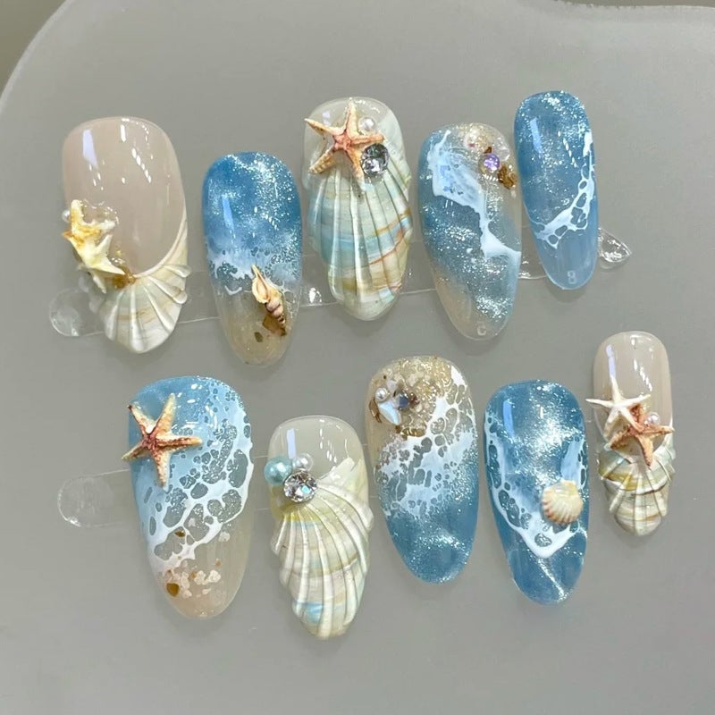30Pcs Beach Wave Press-On Nails, 3D Rhinestone Ocean Star Shell Design, Almond Medium Length Nail    Art - Image 1